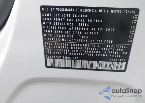 2020 Volkswagen Tiguan 2.0T Se/2.0T Se R-Line Black/2.0T Sel z USA, uszkodzony, nr VIN 3VV3B7AX1LM057760